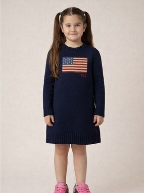 Polo Ralph Lauren girls navy flag sweater dress, size Medium (8–10)
